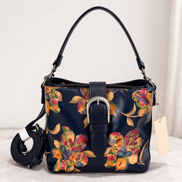 Patricia Nash Handbags - Patricia Nash Irving Bucket Crossbody Bag Distress Le Fleur Leather Black Blue